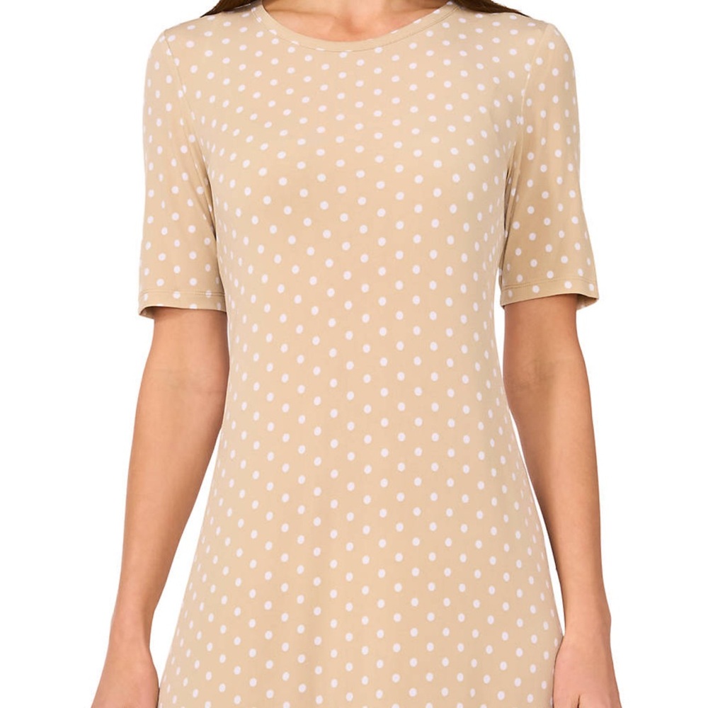 Vince Camuto Tan and White Polka Dot Midi Dress